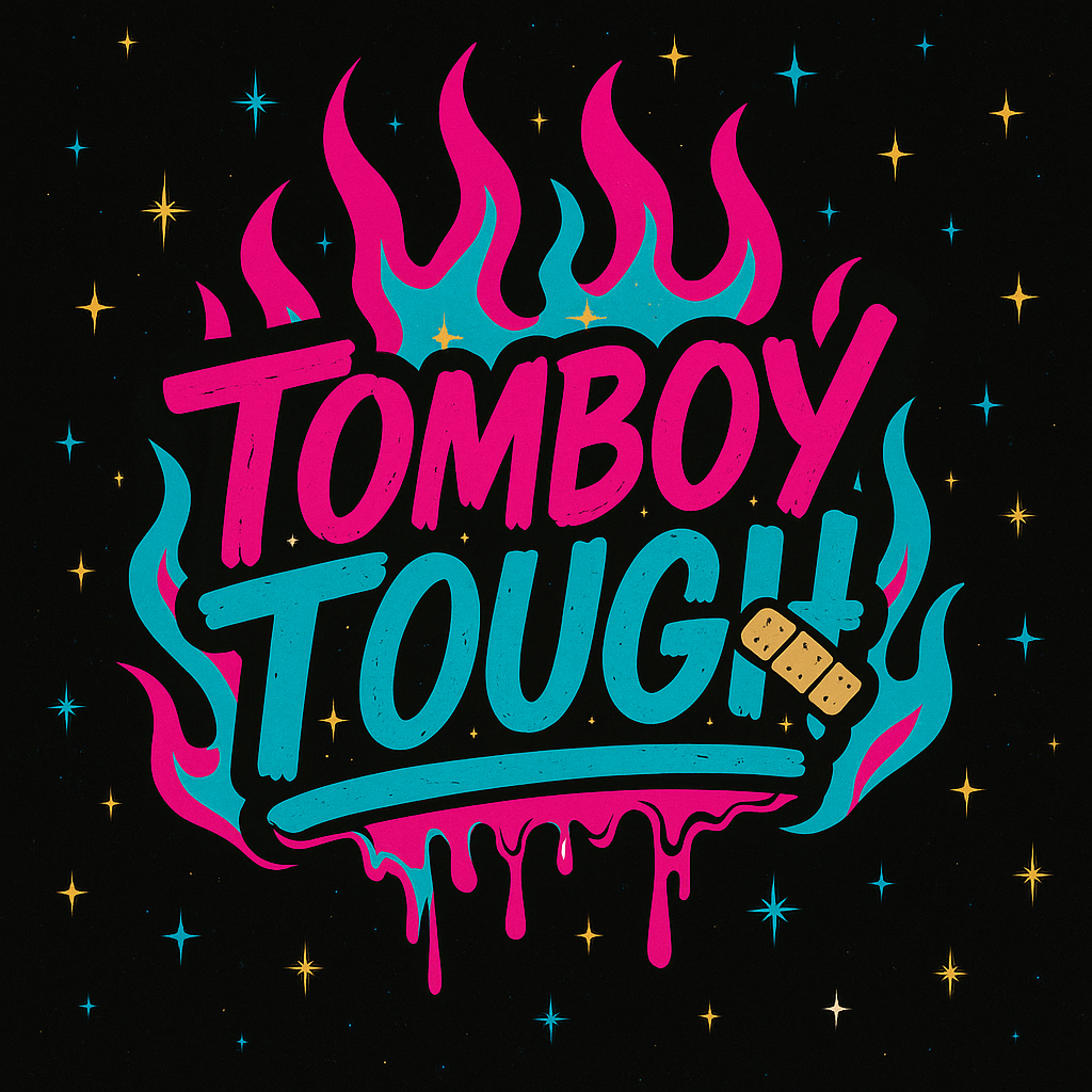 Flames in blue and pink surrounding the Tomboy Tough Logo